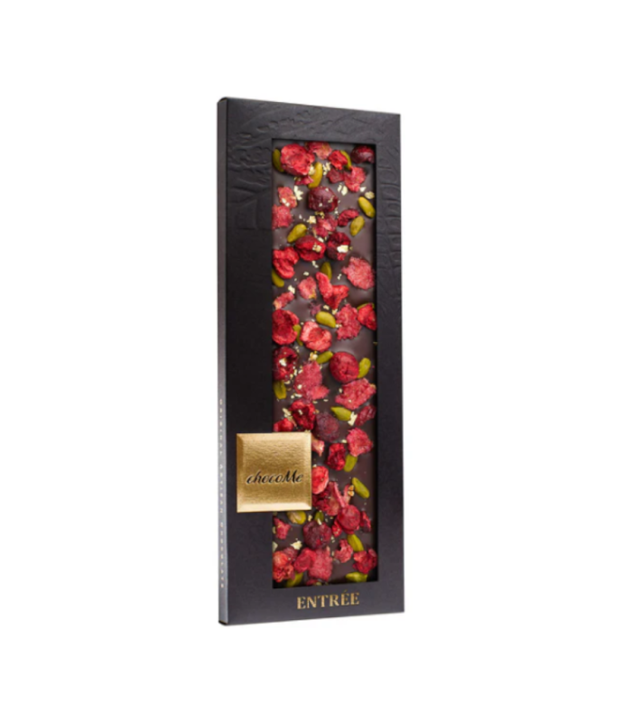 CHOCOLATE NEGRO C/ROSA, GUINDA, PISTACHO Y ORO 23K 110 GR